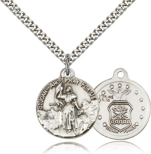 St. Joan of Arc Air Force Medal, Sterling Silver - 24" 2.4mm Rhodium Plate Endless Chain