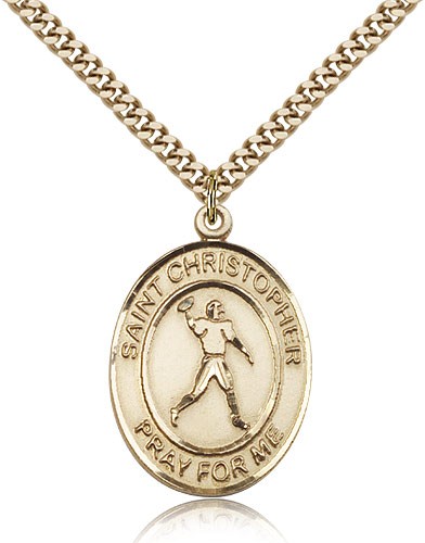 St. Christopher Football Medal, Gold Filled, Large - 24" 2.4mm Gold Plated Chain + Clasp