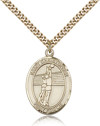 St. Christopher Volleyball Medal, Gold Filled, Large - 24" 2.4mm Gold Plated Chain + Clasp
