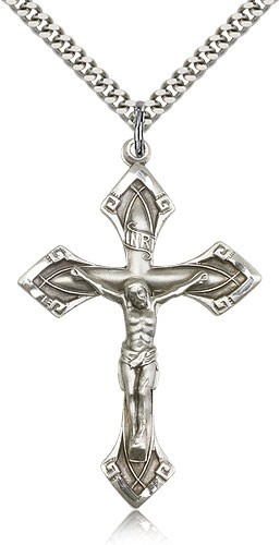 Crucifix Pendant, Sterling Silver - 24" 2.4mm Rhodium Plate Endless Chain