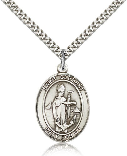 St. Clement Medal, Sterling Silver, Large - 24" 2.4mm Rhodium Plate Chain + Clasp