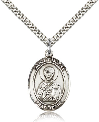St. Timothy Medal, Sterling Silver, Large - 24" 2.4mm Rhodium Plate Chain + Clasp
