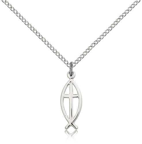 Fish Cross Pendant, Sterling Silver - 18" 1.2mm Sterling Silver Chain + Clasp