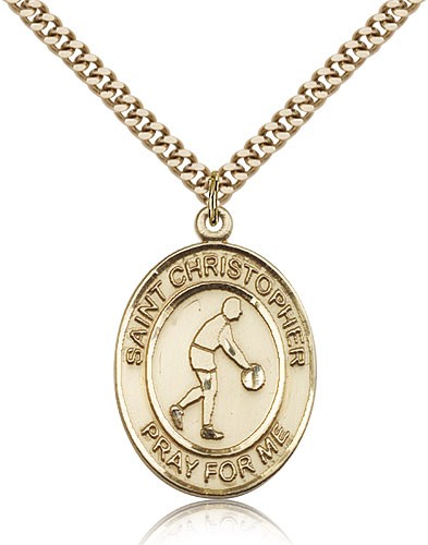 St. Christopher Basketball Medal, Gold Filled, Large - 24" 2.4mm Gold Plated Chain + Clasp