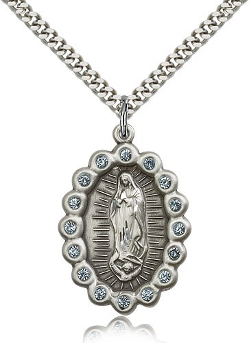 Our Lady of Guadalupe Medal, Sterling Silver - 24" 2.4mm Rhodium Plate Endless Chain