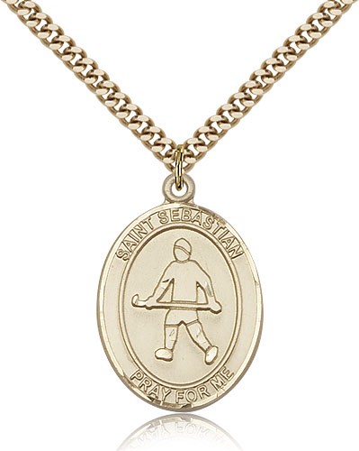 St. Sebastian Field Hockey Medal, Gold Filled, Large - 24" 2.4mm Gold Plated Chain + Clasp