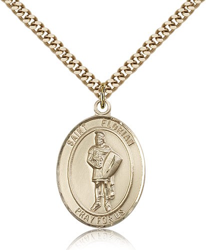 St. Florian Medal, Gold Filled, Large - 24" 2.4mm Gold Plated Chain + Clasp