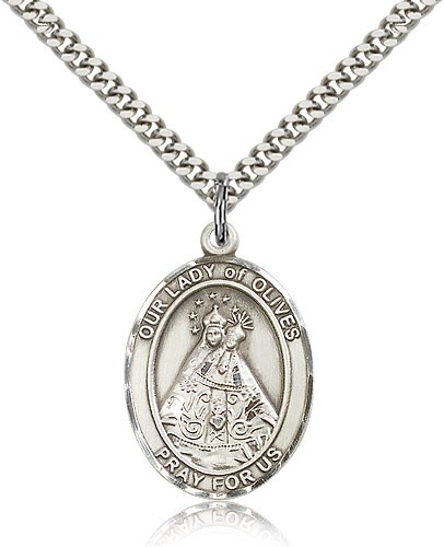 Our Lady of Olives Medal, Sterling Silver, Large - 24" 2.4mm Rhodium Plate Chain + Clasp