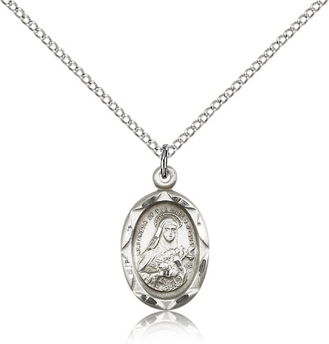 St. Theresa Medal, Sterling Silver - 18" 1.2mm Sterling Silver Chain + Clasp