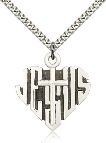 Heart of Jesus Cross Pendant, Sterling Silver - 24" 2.4mm Rhodium Plate Endless Chain
