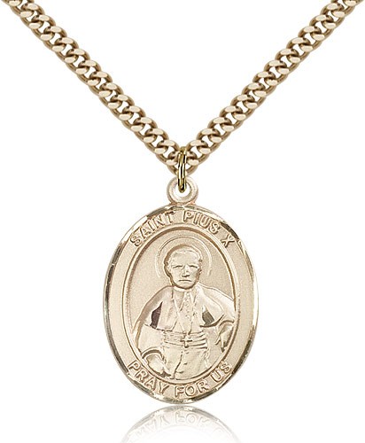 St. Pius X Medal, Gold Filled, Large - 24" 2.4mm Gold Plated Chain + Clasp