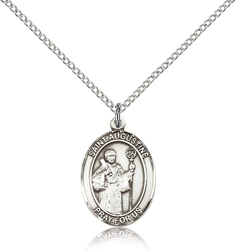 St. Augustine Medal, Sterling Silver, Medium - 18" 1.2mm Sterling Silver Chain + Clasp