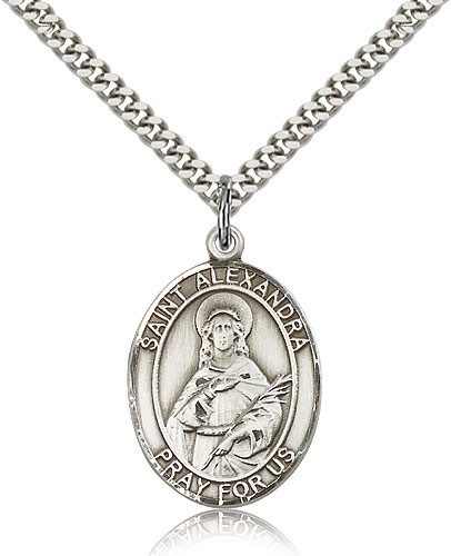 St. Alexandra Medal, Sterling Silver, Large - 24" 2.4mm Rhodium Plate Chain + Clasp