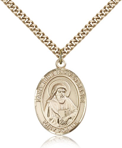 St. Bede the Venerable Medal, Gold Filled, Large - 24" 2.4mm Gold Plated Chain + Clasp