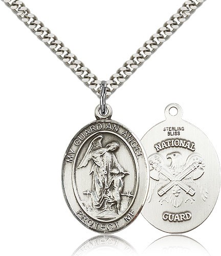 Guardian Angel National Guard Medal, Sterling Silver, Large - 24" 2.4mm Rhodium Plate Chain + Clasp