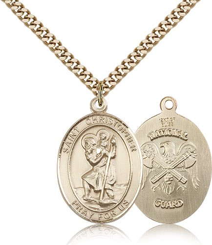 St. Christopher National Guard Medal, Gold Filled, Large - 24" 2.4mm Gold Plated Chain + Clasp