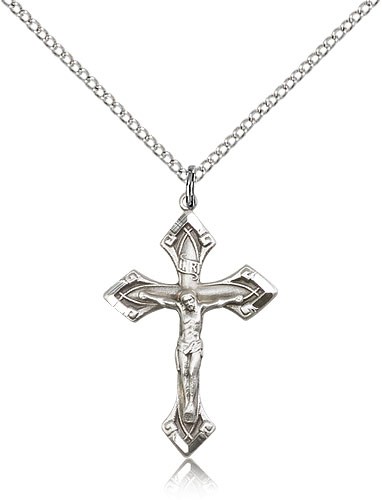 Crucifix Pendant, Sterling Silver - 18" 1.2mm Sterling Silver Chain + Clasp