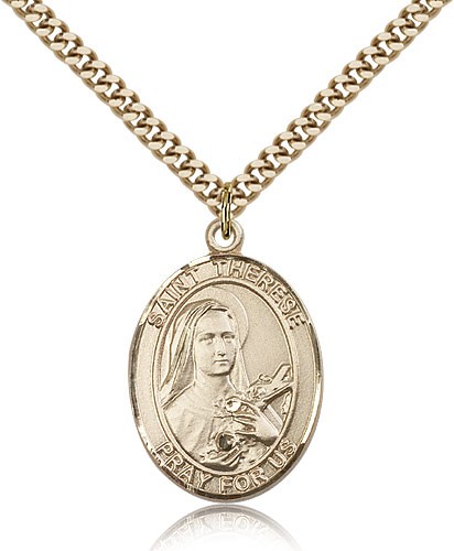 St. Therese of Lisieux Medal, Gold Filled, Large - 24" 2.4mm Gold Plated Chain + Clasp