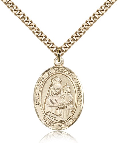 Our Lady of Prompt Succor Medal, Gold Filled, Large - 24" 2.4mm Gold Plated Chain + Clasp