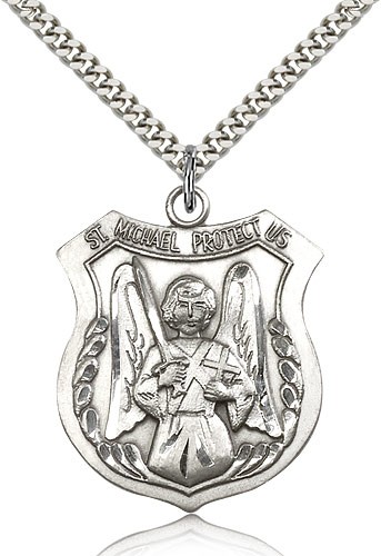 St. Michael the Archangel Medal, Sterling Silver - 24" 2.4mm Rhodium Plate Endless Chain