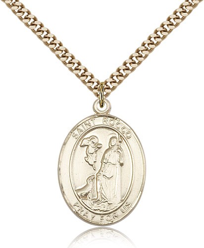 St. Rocco Medal, Gold Filled, Large - 24" 2.4mm Gold Plated Chain + Clasp