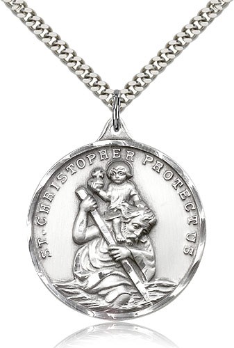 St. Christopher Medal, Sterling Silver - 24" 2.4mm Rhodium Plate Endless Chain
