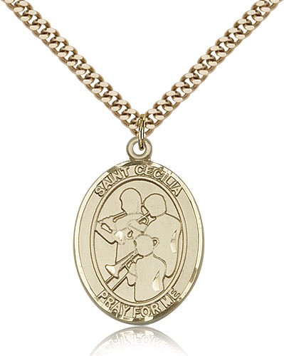 St. Cecilia Marching Band Medal, Gold Filled, Large - 24" 2.4mm Gold Plated Chain + Clasp