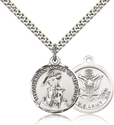 Army Guardian Angel Medal, Sterling Silver - 24" 2.4mm Rhodium Plate Endless Chain