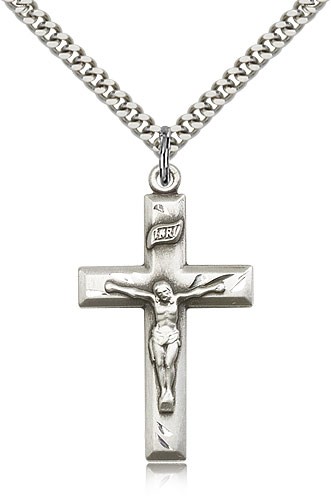 Crucifix Pendant, Sterling Silver - 24" 2.4mm Rhodium Plate Endless Chain
