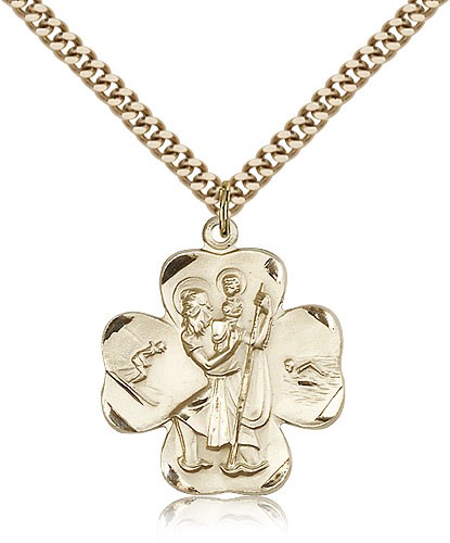 Men's 14kt Gold Filled Clover Leaf Saint Christopher Necklace - 24" 2.4mm Gold Plated Endless Chain