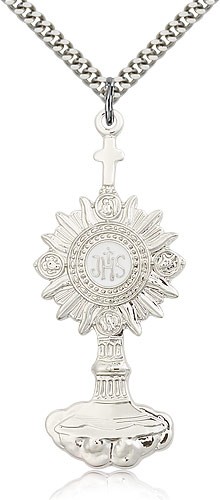 Monstrance Medal, Sterling Silver - 24" 2.4mm Rhodium Plate Endless Chain