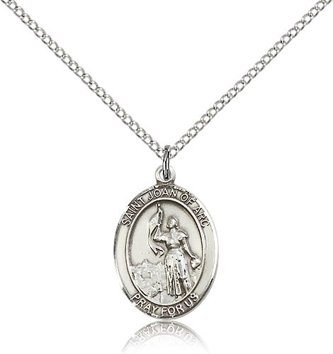 St. Joan of Arc Medal, Sterling Silver, Medium - 18" 1.2mm Sterling Silver Chain + Clasp
