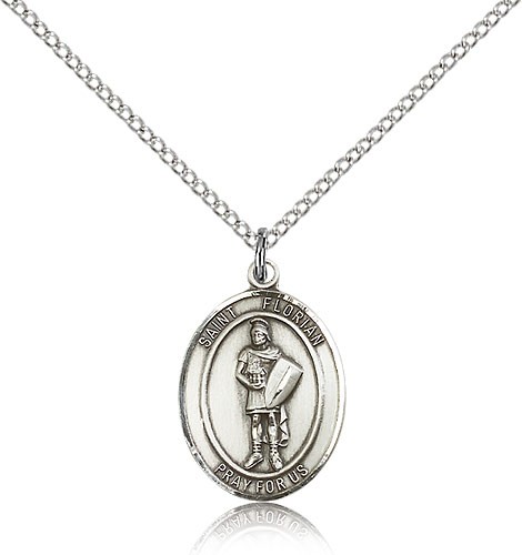St. Florian Medal, Sterling Silver, Medium - 18" 1.2mm Sterling Silver Chain + Clasp