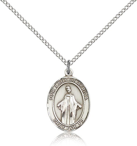 Our Lady of Africa Medal, Sterling Silver, Medium - 18" 1.2mm Sterling Silver Chain + Clasp