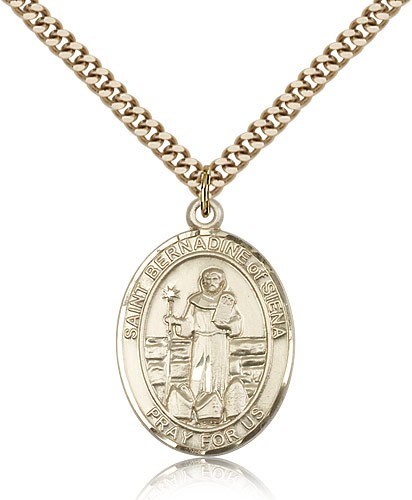 St. Bernadine of Sienna Medal, Gold Filled, Large - 24" 2.4mm Gold Plated Chain + Clasp