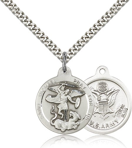St. Michael Army Medal, Sterling Silver - 24" 2.4mm Rhodium Plate Endless Chain