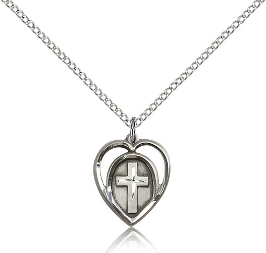 Heart Cross Pendant, Sterling Silver - 18" 1.2mm Sterling Silver Chain + Clasp