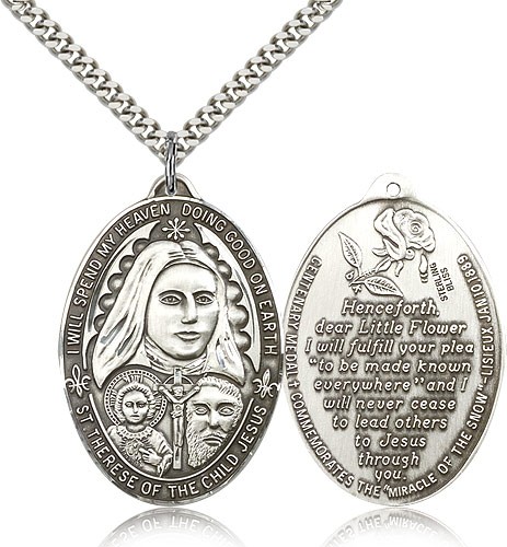 St. Therese Medal, Sterling Silver - 24" 2.4mm Rhodium Plate Endless Chain