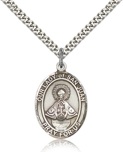 Our Lady of San Juan Medal, Sterling Silver, Large - 24" 2.4mm Rhodium Plate Chain + Clasp