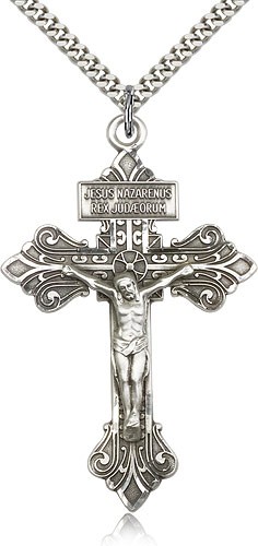 Crucifix Pendant, Sterling Silver - 24" 2.4mm Rhodium Plate Endless Chain