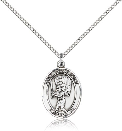 St. Christopher Baseball Medal, Sterling Silver, Medium - 18" 1.2mm Sterling Silver Chain + Clasp