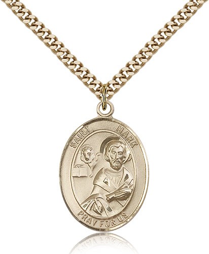 St. Mark the Evangelist Medal, Gold Filled, Large - 24" 2.4mm Gold Plated Chain + Clasp