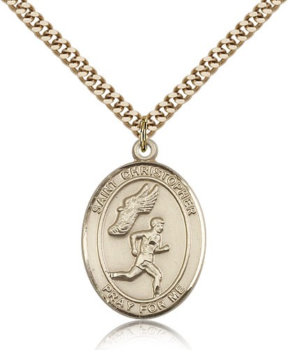 St. Christopher Track and Field Medal, Gold Filled, Large - 24" 2.4mm Gold Plated Chain + Clasp