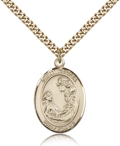 St. Cecilia Medal, Gold Filled, Large - 24" 2.4mm Gold Plated Chain + Clasp