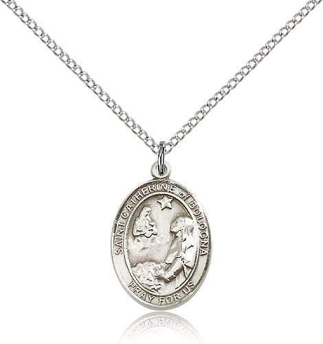 St. Catherine of Bologna Medal, Sterling Silver, Medium - 18" 1.2mm Sterling Silver Chain + Clasp