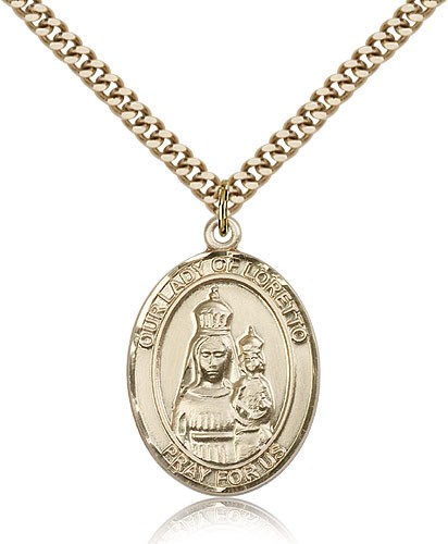 Our Lady of Loretto Medal, Gold Filled, Large - 24" 2.4mm Gold Plated Chain + Clasp