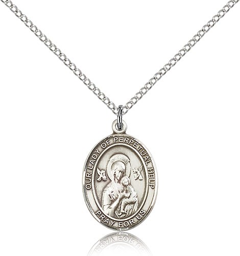 Our Lady of Perpetual Help Medal, Sterling Silver, Medium - 18" 1.2mm Sterling Silver Chain + Clasp
