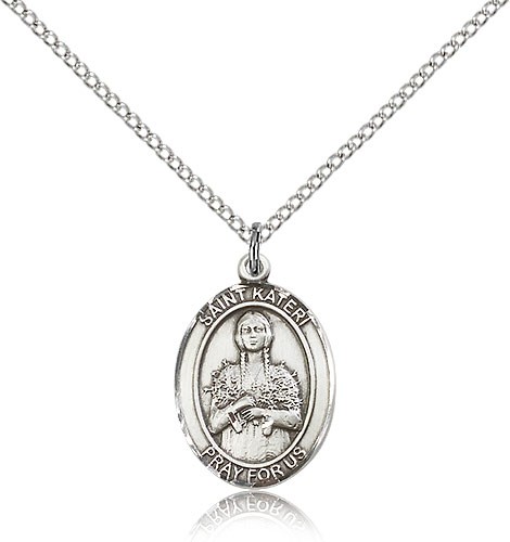 St. Kateri Medal, Sterling Silver, Medium - 18" 1.2mm Sterling Silver Chain + Clasp