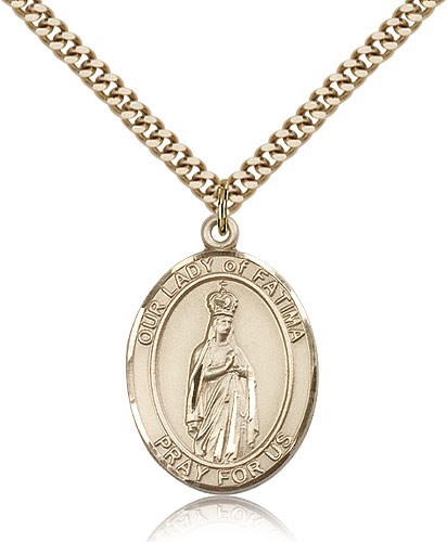 Our Lady of Fatima Medal, Gold Filled, Large - 24" 2.4mm Gold Plated Chain + Clasp