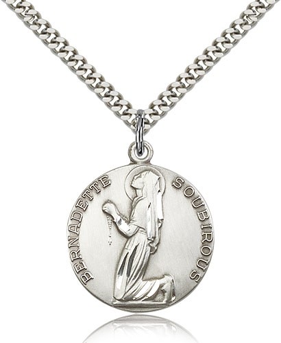 St. Bernadette Medal, Sterling Silver - 24" 2.4mm Rhodium Plate Endless Chain